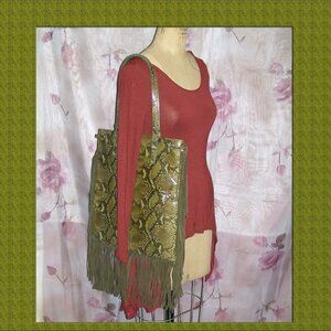 NWOT Via Repubblica Olive Green Reptile Leather Bag w/Fringe